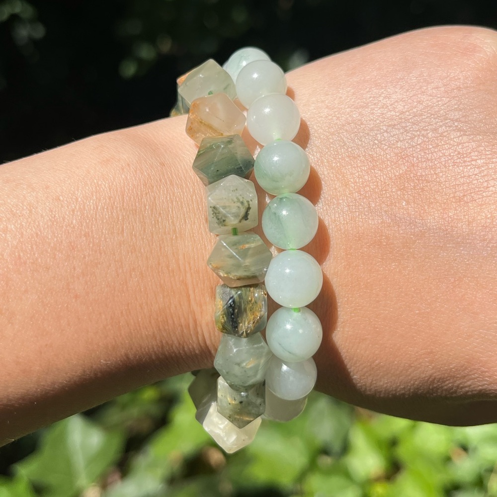 10mm faceted grass agate white jade‎ set